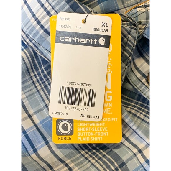 Carhartt Force Mens Short Sleeve Plaid Shirt Size XL Extra Large Blue White New - Picture 7 of 8